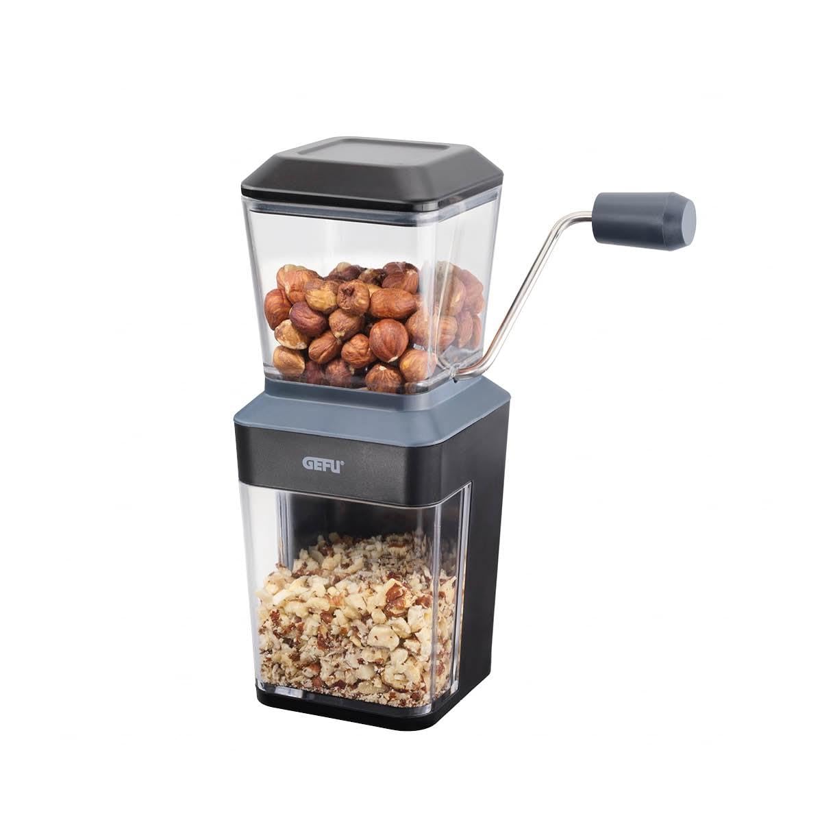 GEFU Trito - Macinasce in acciaio inox con manovella, per noci, mandorle, cioccolato, biscotti, con cassetto di raccolta, lavabile in lavastoviglie