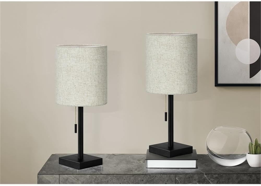 Pemberly Row Set of 2 17" Black Metal Table Lamps, USB Port, Beige Cylinder Drum Shades, Pull Chain Switch, Compact Contemporary Design, Office, Living Room, Bedroom Lighting Solution