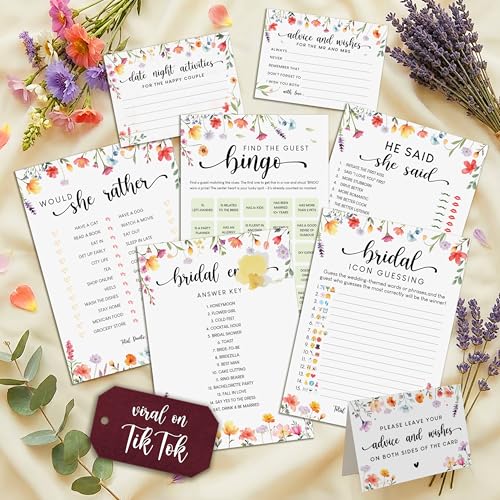 STOFINITY Wildflower Bridal Shower Games for Guests - Wedding Advice and Wishes for The Mr and Mrs, Find The Guest Bingo Bridal Shower Decorations, Funny He Said She Said Would You Rather Game Ideas
