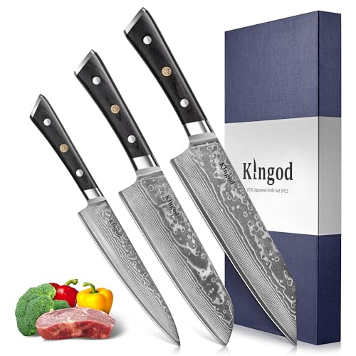 KINGOD Kitchen Knife Set 3-Piece – 8” Chef, 7” Santoku & Utility Knife – High Carbon Stainless Steel, Full Tang, Sharp Knives for Meat, Vegetables & Everyday Home Cooking