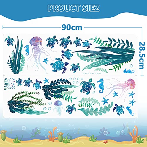 2 Sets Under The Sea Wall Decals Sea Turtle Ocean Grass Wall Stickers Seaweed Jellyfish Bubbles Peel And Stick Wall Decal Underwater Wall Decoration For Kids Bedroom Bathroom Toilet Nursery Kitchen #TOP1