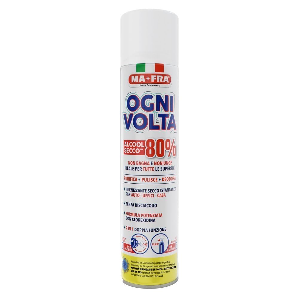 MAFRA, Ogni Volta, Spray Igienizzante a Secco Istantaneo, Alcool 80%, Ideale per Tutte le Superfici Lavabili, Non Lavabili e Ambienti, Pulisce, Purifica, Deodora, Non Bagna e Non Unge, 300ml
