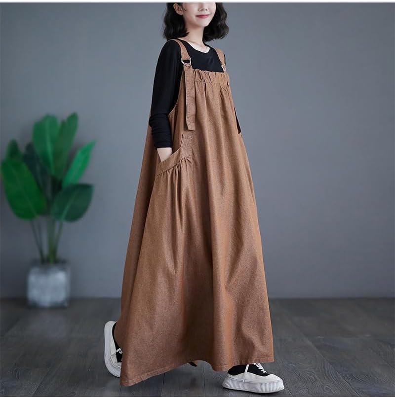 Denim Jumper Dress for Women Loose Version Baggy Style Maxi Length Adjustable Straps Wide Hemline - Image 3