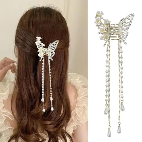 Pinza de cabello mariposa con borlas y perlas blanca miniatura 1