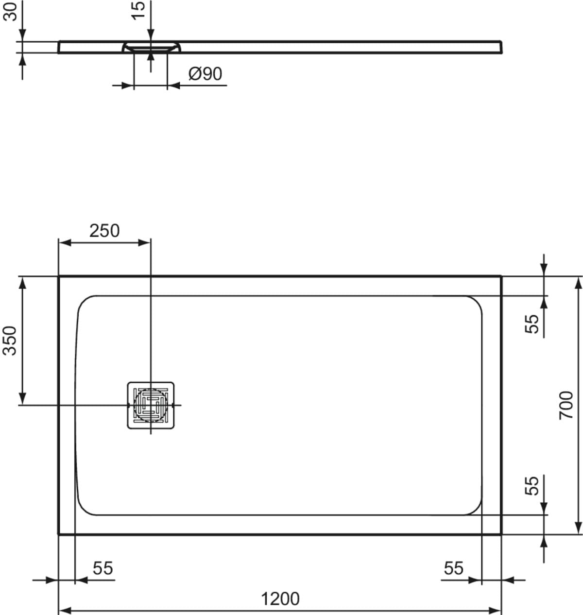 Ideal Standard - Ultra Flat S+, Plato de ducha rectangular ultrafino de resina efecto piedra, 120 x 70 cm, Ideal Solid, desagüe lado corto, arena