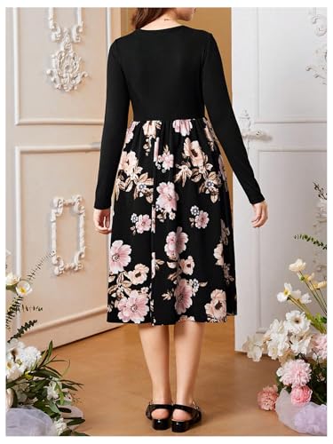 SweatyRocks Girl's Floral Print Bow Dresses Long Sleeve Crewneck A Line Vacation Dress2