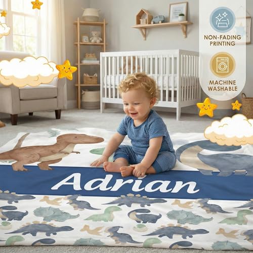 Image of Personalized Baby Blanket with Name, Custom Name Blanket for Kids | Soft Flanne Blankets in Easter Personalized Baby Gifts for Infant Newborn Shower (Dinosaur)