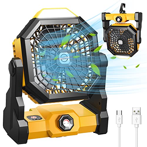 Camping Fan, Camping Fan Rechargeable with LED Lantern & Hanging Hook, Battery Operated Camping Fan for Tent, 270° Rotation, Portable USB Camping Fan for Outdoor Travel RV Fishing
