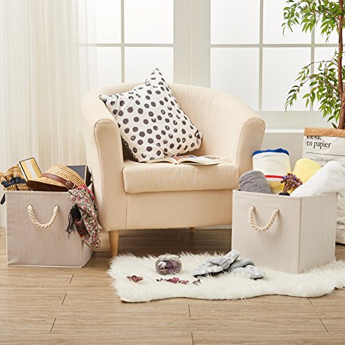 Ezoware Foldable Bamboo Fabric Storage Bin With Cotton Rope Handle, Collapsible Resistant Basket Box Organizer For Shelves, Closet, And More (Set Of 2, Beige) #TOP7