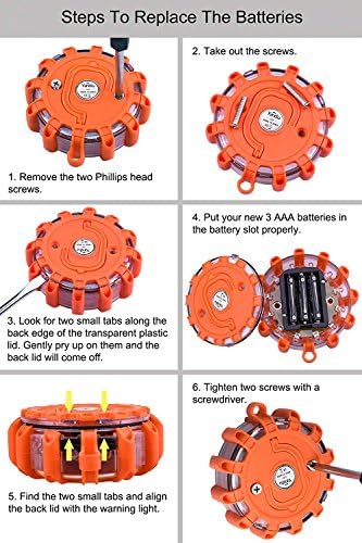 Yandu LED Road Flares (6 PACK) Emergency Beacon Safety Flare Flashing Warning Light for Car Truck Boat with Hook and Magnetic Base (Pack of 6, Orange)