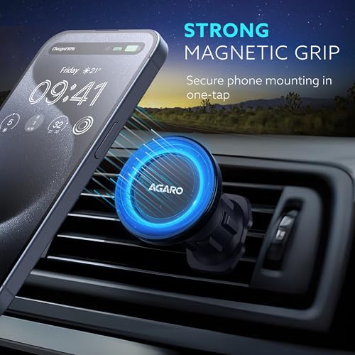 Image of AGARO Magnetic Car Mobile Holder Stand with Ultra-Strong N52 Magnet, AC Vent Mount, 360 Rotation, One-Hand use, Magsafe & Universal Compatibility with Included Metal Ring for iPhone & Android Phones