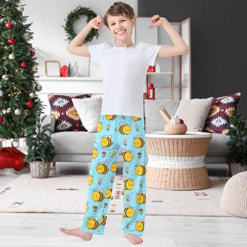Boy's Lounge Pants Cute Funny Bee Flowers Blue Kids Jogger Pants Elastic Waist Long Bottoms with Pockets 6-14 Years2