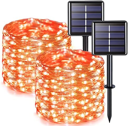 JMEXSUSS 2 Pack Orange Solar Halloween Lights, 33ft 100 LED Solar Fairy Lights Outdoor, Waterproof Solar String Lights for Tree Patio Garden Halloween Thanksgiving Decorations