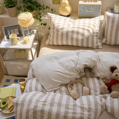 Image of VM VOUGEMARKET Khaki Striped Duvet Cover Set Queen Teens Boys Girls Dorm Bedding Set Soft Lightweight Reversible Microfiber Farmhouse Duvet /Quilt Cover-90 x90,Khaki White