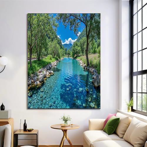 Toile scène de lac naturel GDJSMIN 70x100 cm avec arbres luxuriants pour salon et chambre