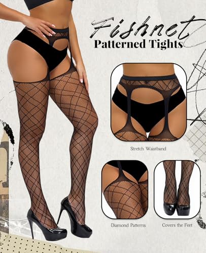 Image of Sesiwadbe Womens Fishnet Patterned Tights High Waist Suspenders Pantyhose Thigh High Stockings