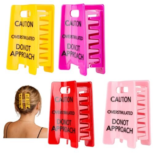 Overstimulated Do Not Approach Hair Clips with Warning Signs Unique Hair Accessories in 4 Colors Each 3.2 inch Funny Yellow Safety Sign Claw Hair Clips Personalized Gift for Humor Lovers (4pcs)
