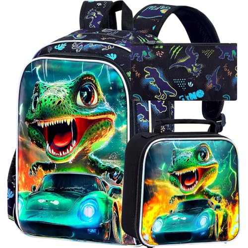 Image of 16 inch Dinosaur Backpack for Boy, 3Pcs Cars Bookbag with Lunch Box, Kids School Backpacks for Elementary Preschool Kindergarten (Black)