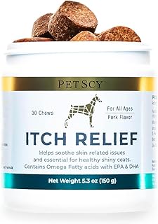 PetScy Dog Itch Relief Chews with Omega 3 Fatty Acids, EPA & DHA | Itch Relief for Dogs Nutritional Support, Immunity & Muscles | Itchy Skin Treatment for Dogs of All Ages, Pork Flavor - 30 Chews