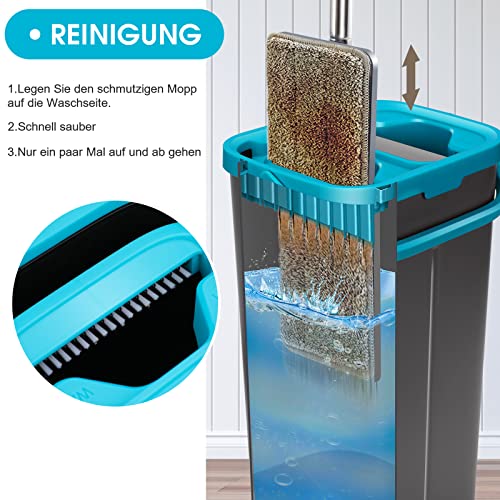 MASTERTOP Bodenwischer Set, Wischmopp Set mit Eimer, Mikrofaser Flachmopp mit 6 Wischpads, 2 in 1 Putzeimer Set Wischer mit Auswringfunktion für Hartholz Fliesen Laminat Marmor, Grau+Blau – Bild 4