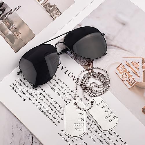 NAUZE 2 Pcs Pilot Fancy Dress Set Sunglasses and Dog Tag Necklace Halloween Aviator Costume Accessory, Black - Image 4