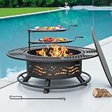 Panovue 47 Inch Fire Pit with 2 Cooking Grates, Outdoor Wood Burning BBQ Grill Firepit Bowl with Cover Lid, Steel Round Table for Backyard Bonfire Patio Picnic (Black, 47IN)
