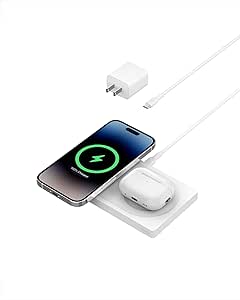 Belkin 2-in-1 Wireless Charging Pad with MagSafe 15W, Fast Charging iPhone Charger - Wireless Charging Station for iPhone 16, 15, 14, and 13 Series, AirPods, and Other MagSafe Enabled Devices - White