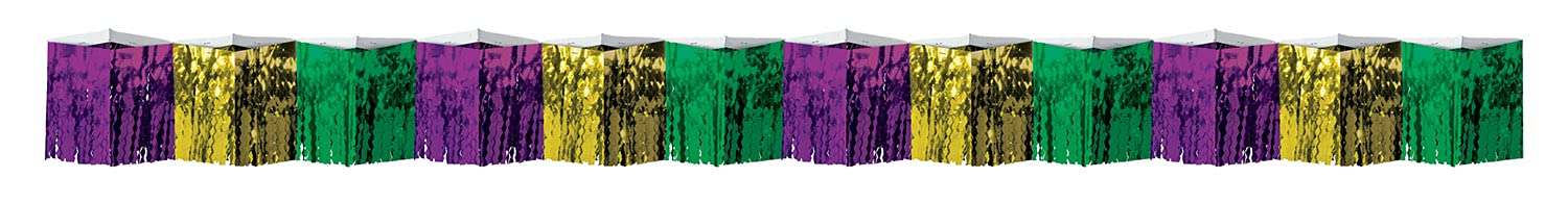 BeistleMardi Gras Metallic Plastic Fringe Drape for Sidewalk Awnings Street Festivals Parade Float Decorations Party Supplies, 12" x 12", Gold/Green/Purple