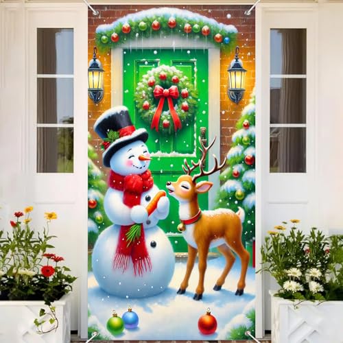 Image of BlissYard Christmas Door Cover Green Snowman 35x71 Inch Polyester
