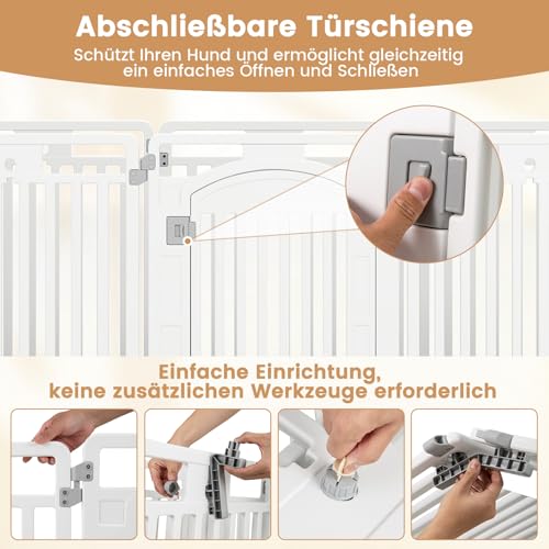 COSTWAY Welpenauslauf faltbar, Welpenlaufstall mit 8 Paneelen, abschließbarer Tür & Bodennägeln, 80 cm hoch, Hundelaufstall Outdoor Indoor, Laufstall Hund, Hundeauslauf aus Kunststoff, Weiß