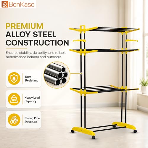 Image of BonKaso AirFold Plus 3-Tier Foldable Clothes Drying Stand, Laundry Rack with Wheels and 8 Hanger Slots for Indoor Outdoor Home