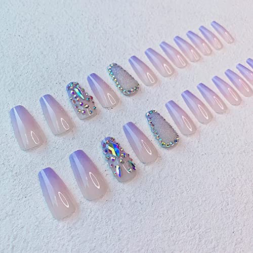 24 Pcs Press On Nails Medium, Luvehandicraft Fake Nails With Glue, Designed Glue On Nails False Nails Women And Girls (Purple With Crystal) #TOP4