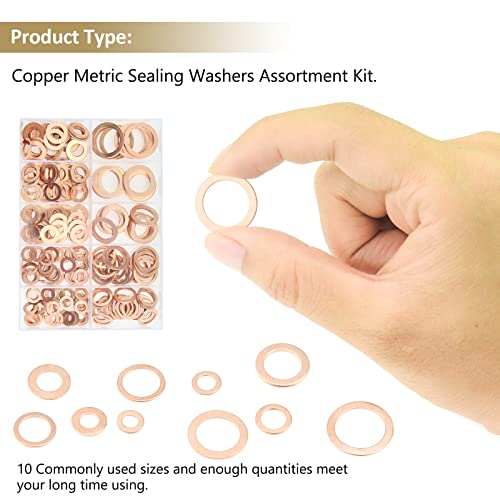 225 Pieces Copper Metric Flat Washers, Sealing Washers, Kindroufly 10 Sizes Copper Washers, Metal Washers Assortment Kit (M5 M6 M8 M10 M12 M14 M16) #TOP5