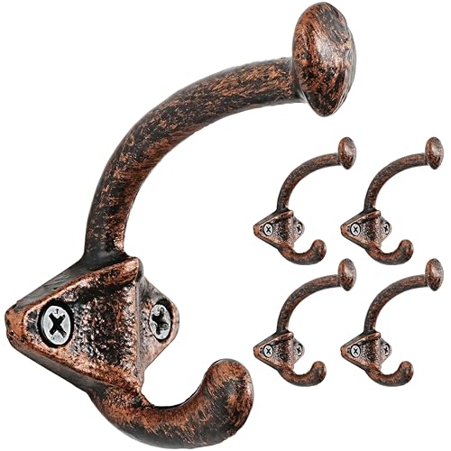 Dseap Cast Iron Wall Hooks, Heavy Duty Coat Hooks, Rustic Vintage Farmhouse Hook for Hanging Winter Coats Jackets Towels Hats Bags Plants, Antique Copper, Pack of 5 (ShldCast)