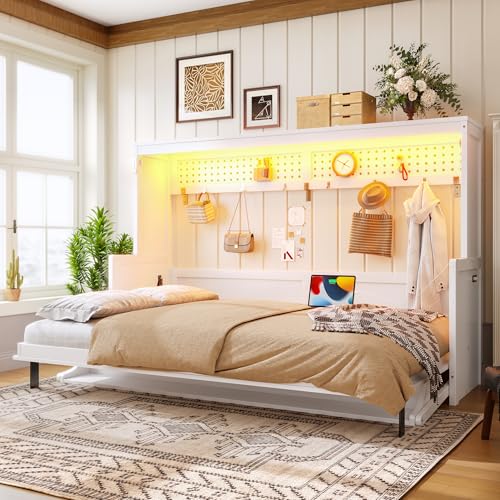 Image of KEIKI Full Size Horizontal Cabinet Murphy Bed with Desk, Solid Slats, White