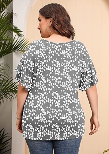 AusLook Plus Size Casual Tops For Women Grey Sakura 5X Tunic Double Ruffle Short Sleeve Blouses Crewneck Clothing Tee Ladies Clothes Flowy Dressy Casual Loose Fit Outfits Maternity Summer Clothes — view 5