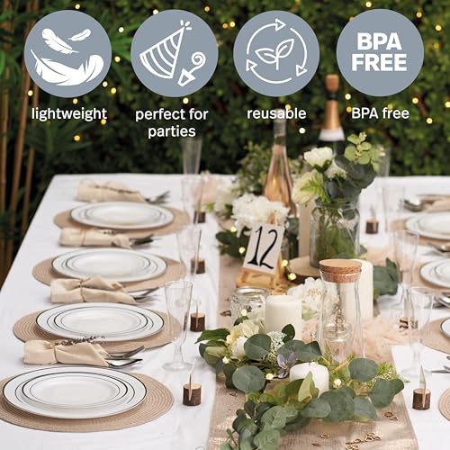 MATANA 25 Premium Białe Plastikowe Talerze Obiadowe z Srebrną Krawędzią, 26 cm / 10 Cali - Eleganckie i Wielokrotnego Użytku Talerze na Wesela, Urodziny, Pikniki, BBQ, Imprezy
