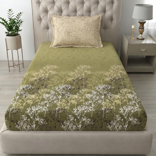 Image of Mafatlal 186 TC Autumn Delight Cotton Single Bedsheet | 60 x 90 Inches | Lightweight & Breathable Summer Bed Sheet with 1 Pillow Cover | Soft Floral Printed Cooling Fabric | Green