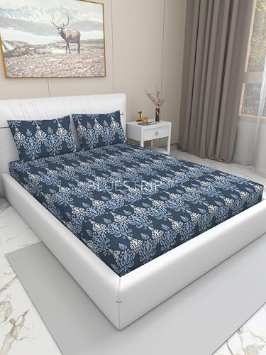 Image of Blue Strip 300 TC Cotton Feel Glace Cotton Flat Printed Queen Size Double Bed Bedsheet with 2 Pillow Covers,Size- 90 x 100 Inches