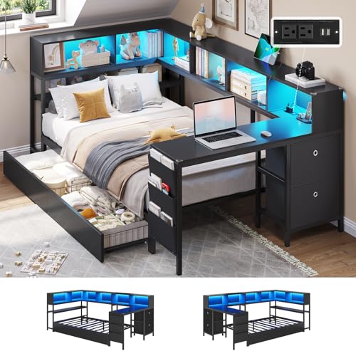DICTAC Corner Twin Bed Frame with Desk Charging Station and Bookcase Storage Twin Size Daybed for Kids/Teen with Storage Drawers Led Lights and Shelves Twin Size Platform Bed Frame with Desk Black