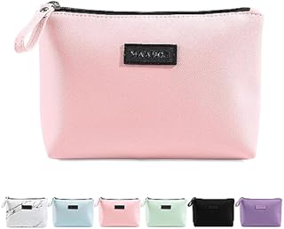 Small Makeup Bag MAANGE Small Travel Cosmetic Bag Portable Makeup Pouch Waterproof PU Leather Make up Bag Cosmetic Bag for Purse with Handle Versatile Zipper Pouch for Women Girls (Pink)