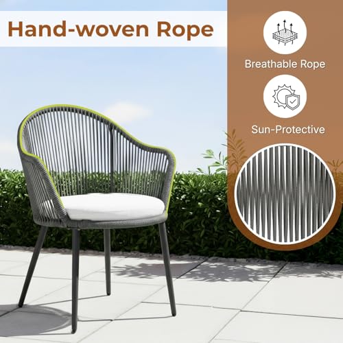 Image of DEVOKO 3 Piece Outdoor Rope Furniture Set - Patio Seating Chair and Table Set with 2 Chairs and 1 Table, Balcony Coffee Table Set (Dark Grey and Off-White)