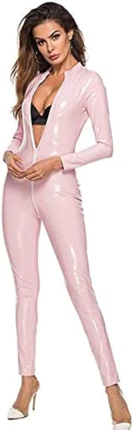 Faux Leather Bodysuit Women Shiny Sexy Wetlook Lingerie Faux Leather Bodysuit with Zipper Crotch Catsuit Clubwear,Pink,X-Large
