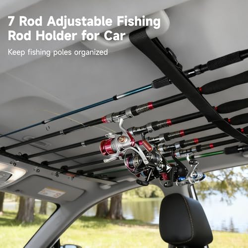 NIMBLOOM 2 Pack Adjustable Fishing Rod Holder for Car, 7 Rod Capacity Fishing Pole Roof Rack Inside, Adjustable 35.4-43.3 in, Fishing Pole Hanger Straps for Wagons, Truck