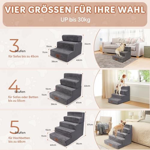 Sytopia Hundetreppe Große Hunde 5 Stufen Hoch, Hundetreppe für Bett 60cm, Haustiertreppe waschbar, hochdichter Schaumstoff, für verletzte ältere Hunde (57cm Höhe, Grau)