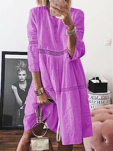 Image of utcoco Womens Lace Eyelet Embroidery Dresses 3 /4 Trumpet Sleeve Crochet Spliced A Line Flowy Boho Midi Dress