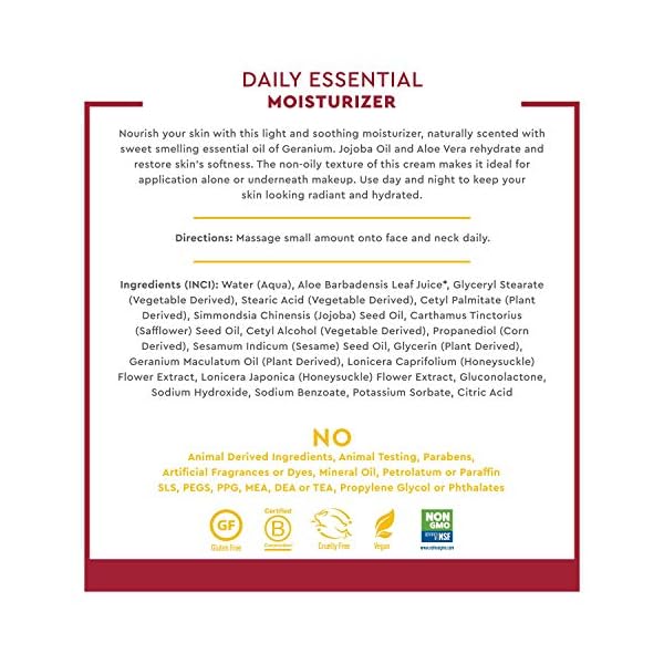 Desert Essence Daily Essential Moisturizer - Nourishing Jojoba, Organic Aloe Vera, Safflower & Geranium Oil - Light-Weight Soothing, Softening Facial Cream - Vegan, Non-GMO, Sulfate & SLS Free - 4oz