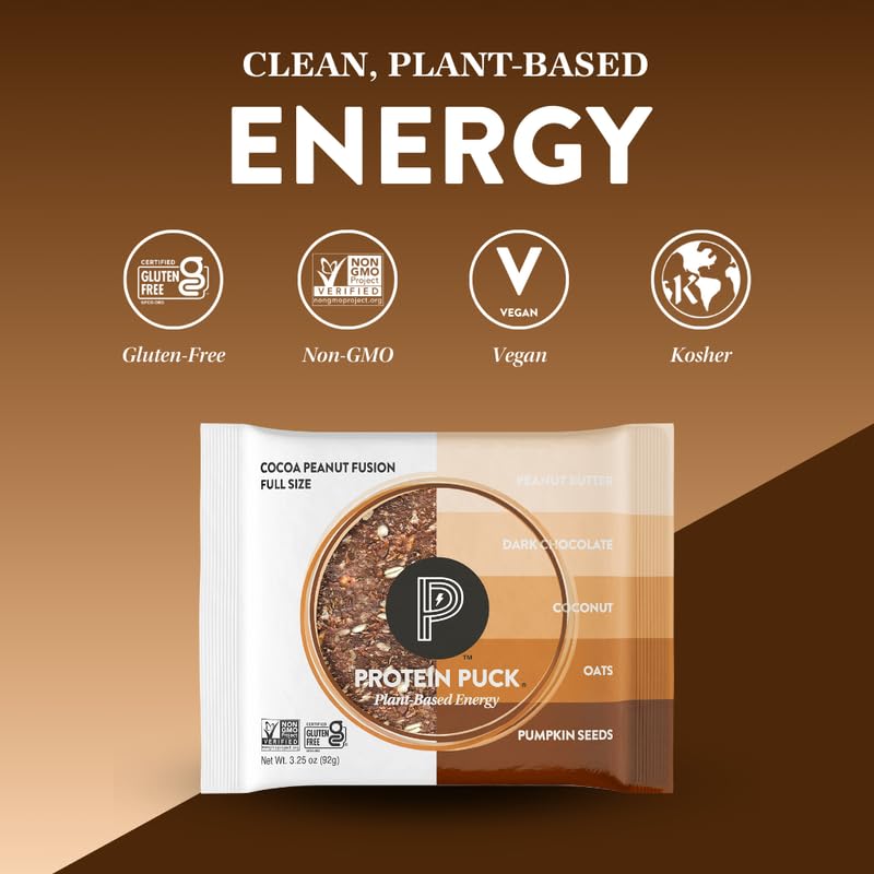 Image of Protein Puck Plant Based Protein Bars 16 Count 3.25oz Full Size CocoaFusion | Snacks with Vegan Protein, Gluten Free, Non Dairy, Kosher Certified Non GMO Premium Healthy Bars