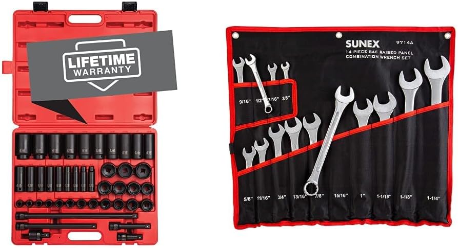 Sunex 2568, 1/2 Inch Drive Master Impact Socket Set, 43-Piece & SAE Combination Wrench Set, 14 Piece