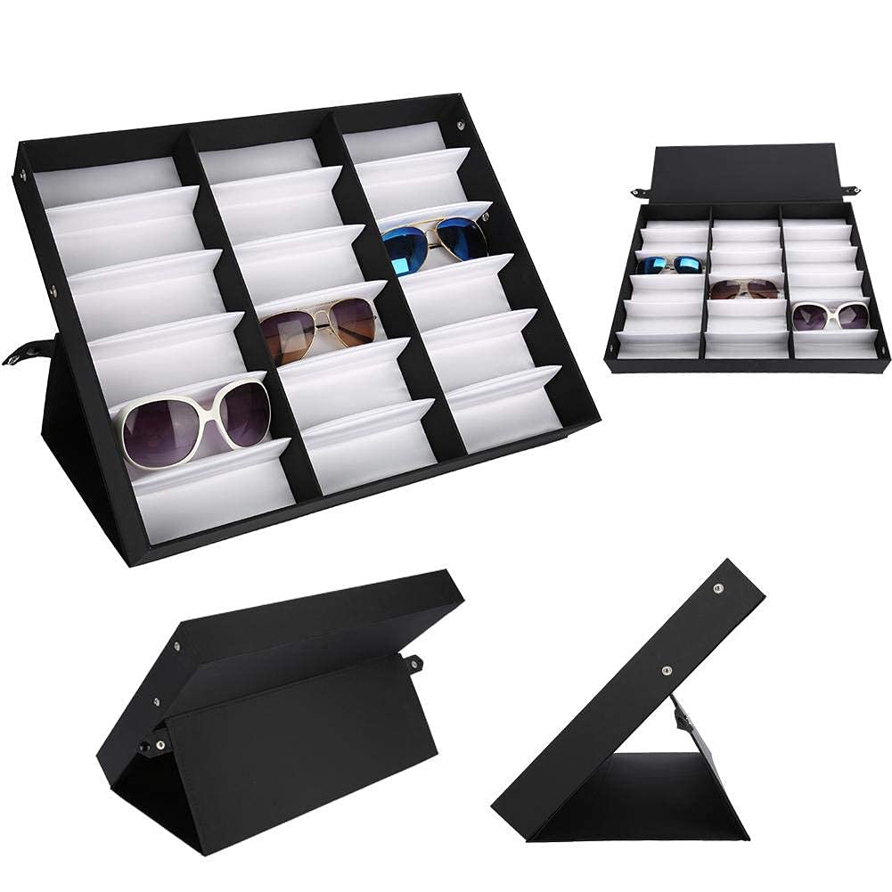 Dioche Boîte à lunettes de 18 emplacements avec étui pour lunettes et présentoir, boite rangement lunette unisexe, étui organiseur pour lunettes, lunettes de soleil et de lecture, 47,5 x 37,5 x 6 cm